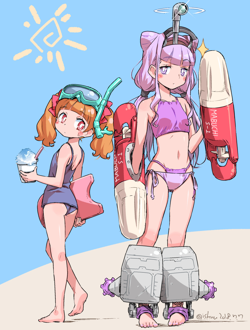 2girls absurdres aisaki_emiru bangs barefoot bikini blue_background blue_swimsuit blunt_bangs blush_stickers brown_hair commentary_request dated eyebrows_visible_through_hair food full_body goggles goggles_on_head hair_ribbon highres hugtto!_precure ice_cream isedaichi_ken looking_at_another low_twintails multiple_girls navel one-piece_swimsuit periscope pink_ribbon precure purple_bikini purple_eyes red_eyes ribbon ruru_amour short_hair side-tie_bikini sketch snorkel standing submarine_motor swimsuit twintails twitter_username