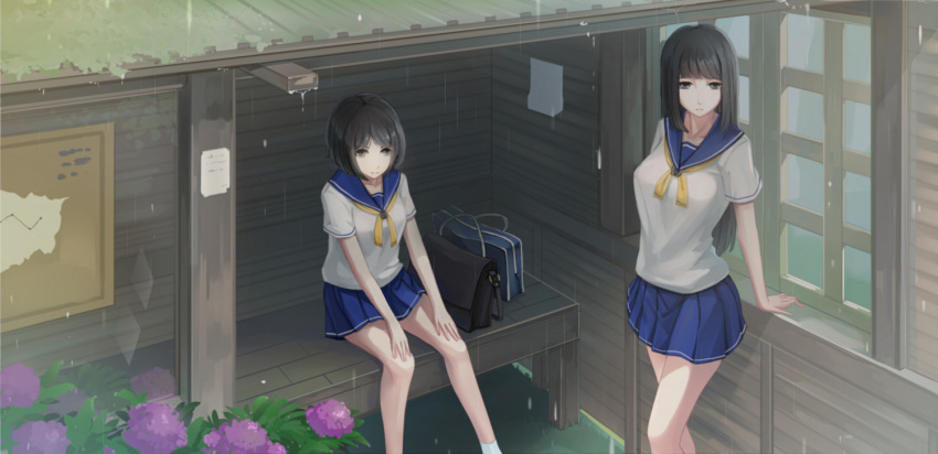 bag black_eyes black_hair breasts closed_mouth flower kikivi large_breasts long_hair medium_breasts multiple_girls original outdoors pleated_skirt rain school_uniform serafuku shelter short_hair single_stripe sitting skirt smile standing