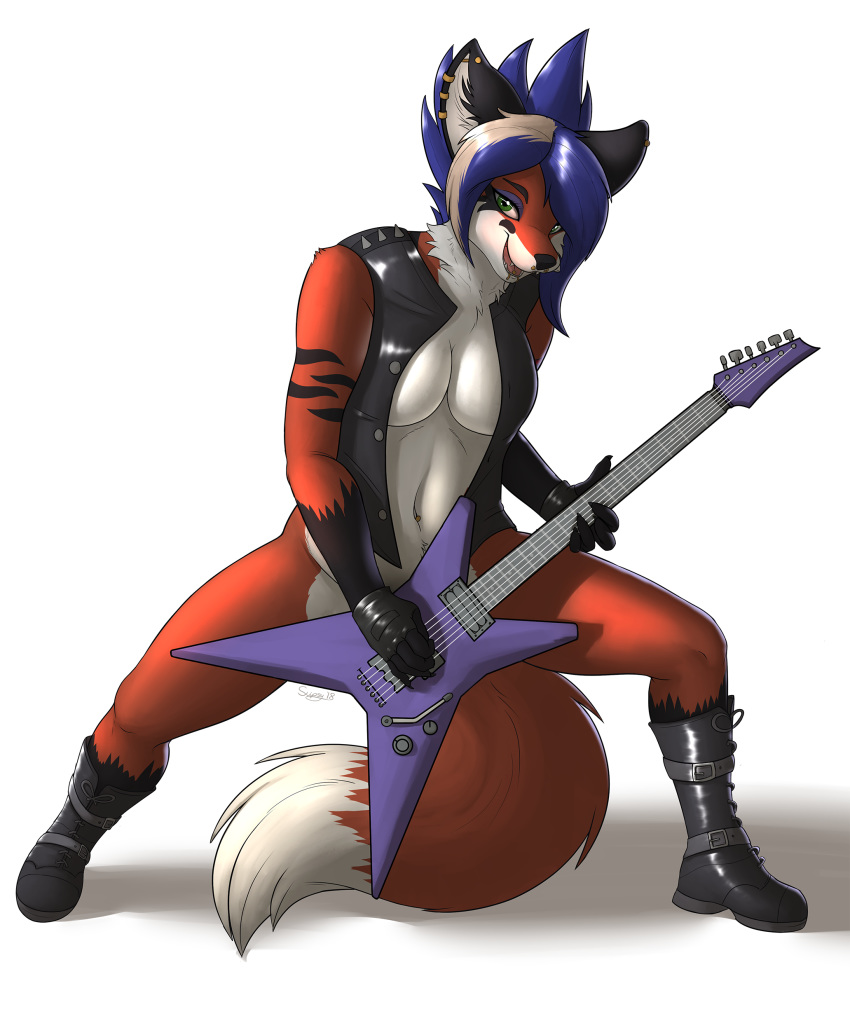 2018 absurd_res anthro boots breasts canine clothing convenient_censorship digital_media_(artwork) ear_piercing electric_guitar facial_piercing fangs female fingerless_gloves footwear fox gloves green_eyes guitar hair hi_res lip_piercing looking_at_viewer mammal musical_instrument open_mouth piercing simple_background skipsy solo white_background