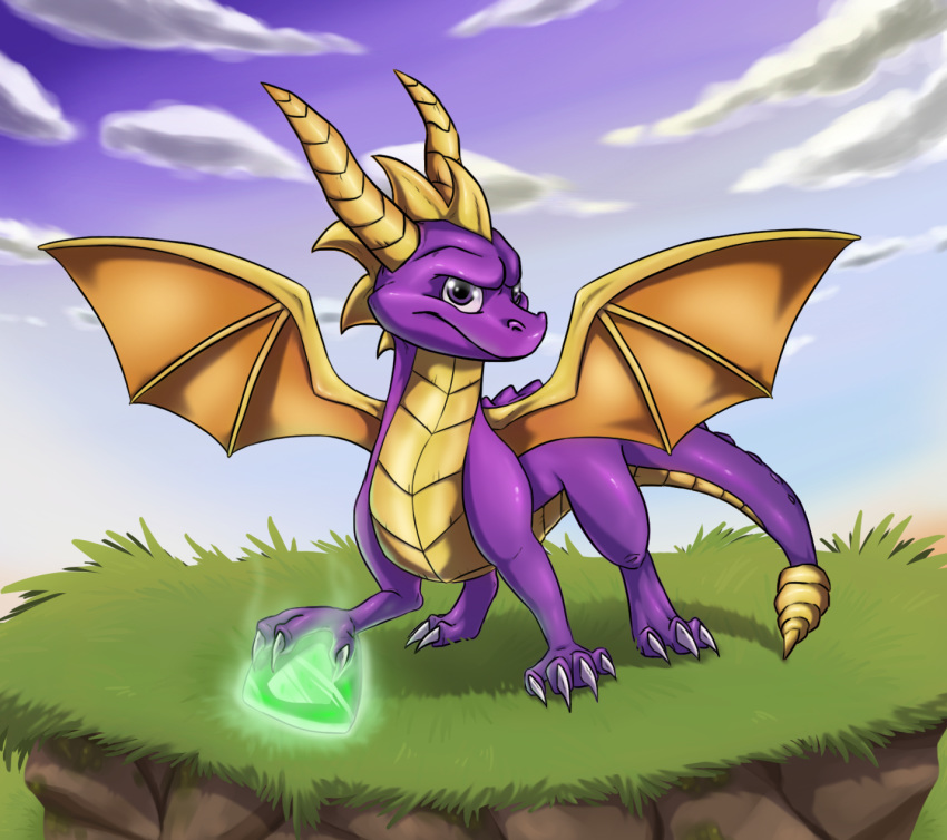 claws day detailed_background digital_media_(artwork) dragon feral gabichan00 grass horn male membranous_wings purple_eyes scalie sky solo spines spyro spyro_the_dragon standing video_games western_dragon wings