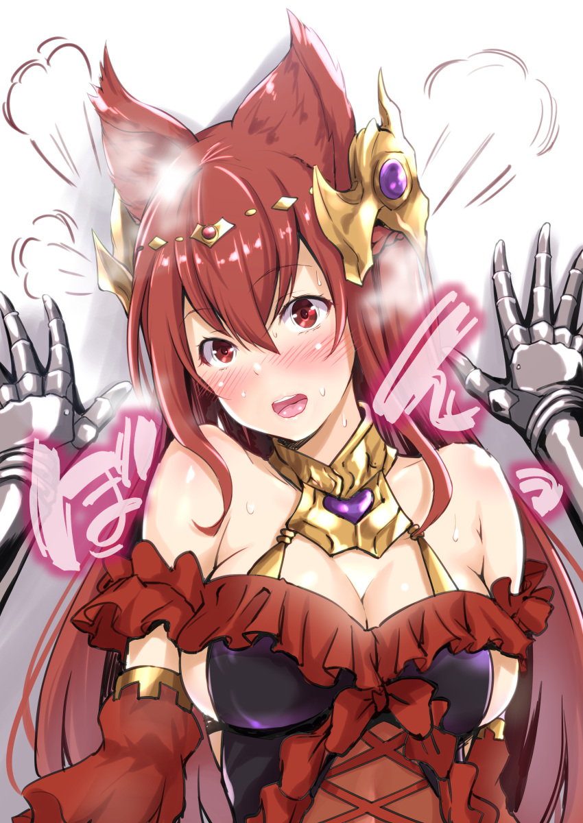 absurdres against_wall animal_ears anthuria bangs bare_shoulders blush breasts cleavage detached_sleeves dress erune eyebrows_visible_through_hair granblue_fantasy hair_between_eyes hair_ornament highres kimura_neito large_breasts lips long_hair looking_at_viewer open_mouth out_of_frame pov pov_hands red_dress red_eyes red_hair solo_focus steam sweat upper_body upper_teeth wall_slam