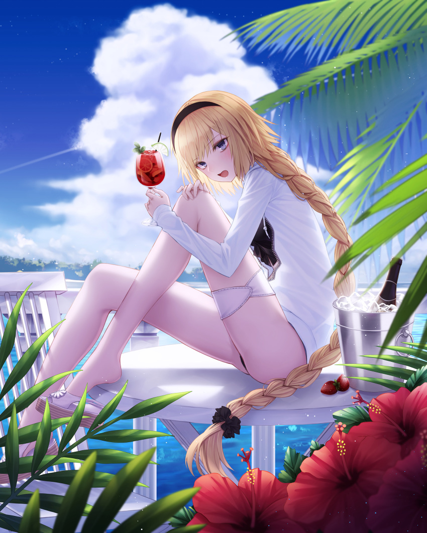 absurdres bangs bikini bikini_under_clothes black_bikini blonde_hair blue_eyes bottle braid cecil86 cocktail cocktail_glass cup day drinking_glass eyebrows_visible_through_hair fate/grand_order fate_(series) flower food fruit hand_on_own_knee hibiscus highres horizon ice ice_cube jacket jeanne_d'arc_(fate)_(all) jeanne_d'arc_(swimsuit_archer) lime_(fruit) long_hair looking_at_viewer ocean open_clothes open_jacket outdoors sandals single_braid sitting solo strawberry swimsuit thigh_strap very_long_hair wine_bottle