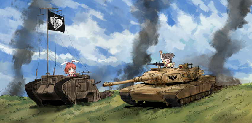 abe_nana akagi_miria animal_ears black_hair blue_eyes bunny_ears caterpillar_tracks closed_eyes cloud commentary_request crossover day flag girls_und_panzer grass ground_vehicle gun highres idolmaster idolmaster_cinderella_girls long_hair m1_abrams machine_gun mark_iv_tank military military_vehicle motor_vehicle multiple_girls open_mouth ponytail red_hair rocoman_(kjh48001) short_twintails sitting sky smile tank twintails weapon