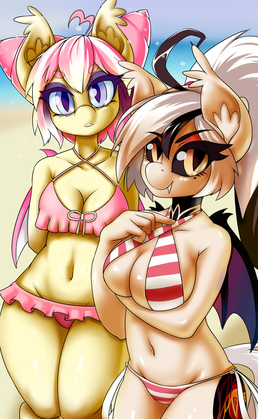 2018 5_fingers absurd_res anthro anthrofied bat_pony bat_wings beach beauty_mark big_breasts bikini black_sclera blue_eyes blurred_background border breasts cleavage clothed clothing cute cutie_mark duo equine eyebrows eyelashes eyeshadow fan_character fangs female fever_dream fur hair hands_behind_back hi_res huge_breasts iloota inner_ear_fluff looking_at_viewer makeup mammal mascara membranous_wings multicolored_hair my_little_pony navel orange_eyes outside pink_hair ponytail portrait seaside short_hair slit_pupils smile standing striped_bikini stripes sunset_sorbet swimsuit teeth text three-quarter_portrait two_tone_hair watermark white_border white_hair wings