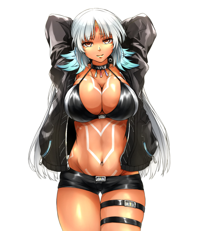 arms_behind_head azur_lane bikini_top black_jacket black_shorts breasts brown_eyes cleavage closed_mouth commentary_request dark_skin eyebrows_visible_through_hair facial_mark forehead_mark highres jacket large_breasts long_hair long_sleeves looking_at_viewer lowleg lowleg_shorts massachusetts_(azur_lane) micro_shorts native_american navel okutama_tarou open_clothes shorts silver_trim simple_background skindentation smile solo standing thigh_gap thigh_strap white_background white_hair