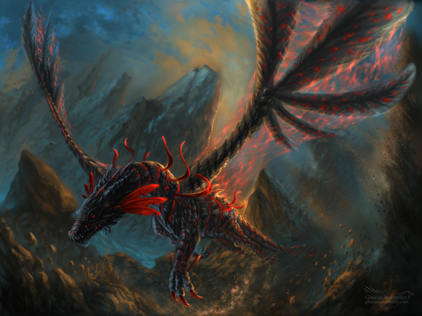 2018 ambiguous_gender detailed_background digital_media_(artwork) dragon feral flying hydlunn outside red_eyes solo wings