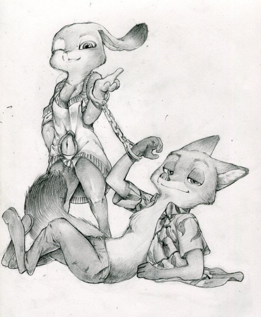 anthro arm_support breasts canine chest_tuft cleavage clothed clothing disney female fox greyscale handcuffed handcuffs hi_res judy_hopps lagomorph lying male mammal monochrome navel nick_wilde on_back one_eye_closed open_shirt pencil_(artwork) rabbit rapel shackles simple_background standing traditional_media_(artwork) tuft white_background wink zootopia