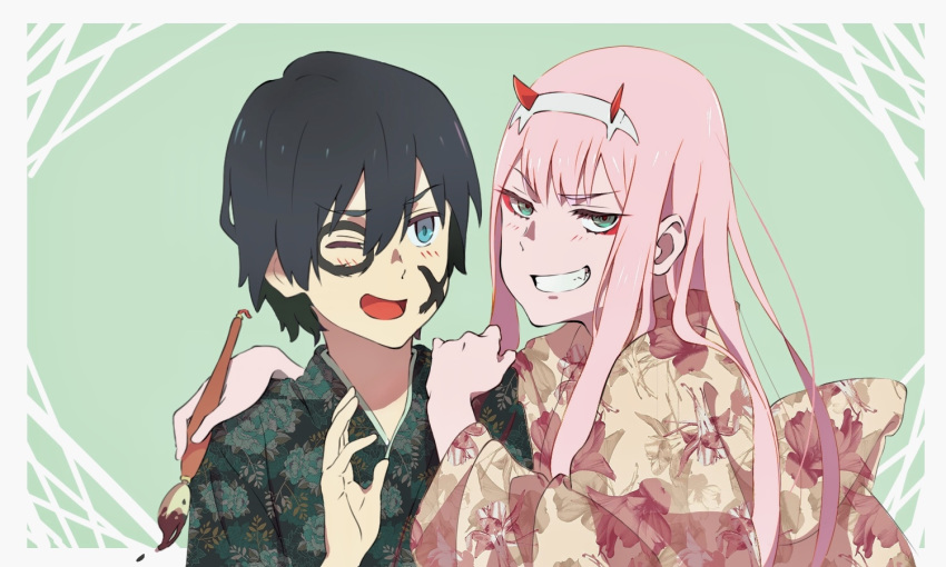 1girl bad_id bad_pixiv_id bangs beige_kimono black_hair blue_eyes blush commentary couple darling_in_the_franxx eyebrows_visible_through_hair face_painting facepaint fang floral_background green_eyes green_shirt hair_ornament hairband hand_up hands_on_another's_shoulder hawaiian_shirt hetero hiro_(darling_in_the_franxx) holding holding_brush horns japanese_clothes kimono long_hair long_sleeves looking_at_another looking_at_viewer one_eye_closed oni_horns paint_on_face pink_hair red_horns shirt white_hairband wide_sleeves yukata zero_two_(darling_in_the_franxx) zzl