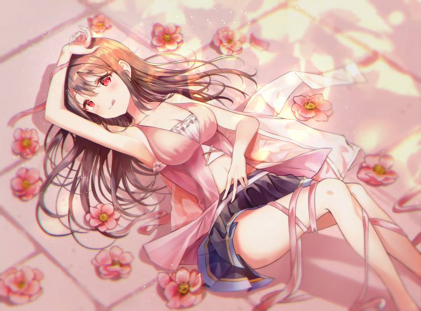 :q arm_up armpits bad_id bad_pixiv_id bangs bare_arms bare_legs bare_shoulders black_skirt blush breasts brown_hair center_opening cleavage closed_mouth collarbone crop_top cross-laced_clothes dress eyebrows_visible_through_hair feet_out_of_frame flower frills from_above hair_spread_out highres jacket jacket_removed knees_up large_breasts long_hair long_sleeves looking_at_viewer lying miniskirt navel neiless_neiro on_back original pink pink_dress pink_ribbon pleated_skirt red_eyes ribbon shirt sidelocks skirt sleeveless sleeveless_dress smile solo stomach thighs tongue tongue_out v white_jacket white_shirt