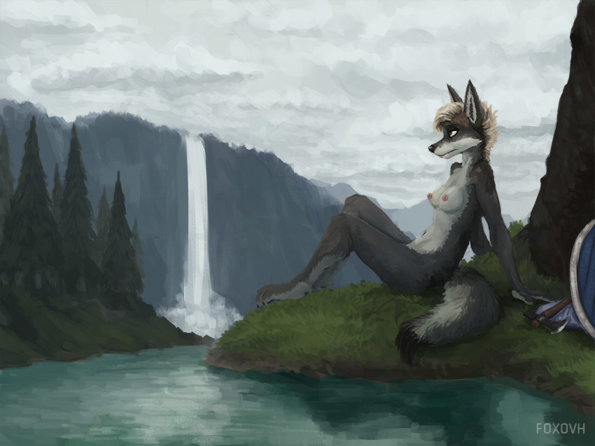 anthro axe breasts canine dipstick_tail female forest fox foxovh mammal melee_weapon mountain multicolored_tail navel nipples nude outside reclining river sky solo tree waterfall weapon