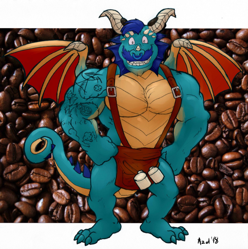 2018 anthro apron azul_(artist) beverage biceps clothed clothing coffee cup dragon facial_hair facial_piercing gavin_(spyro) hair looking_at_viewer male membranous_wings muscular muscular_male mustache naked_apron nose_piercing nose_ring pecs piercing scalie smile solo spyro_the_dragon standing tattoo video_games wings