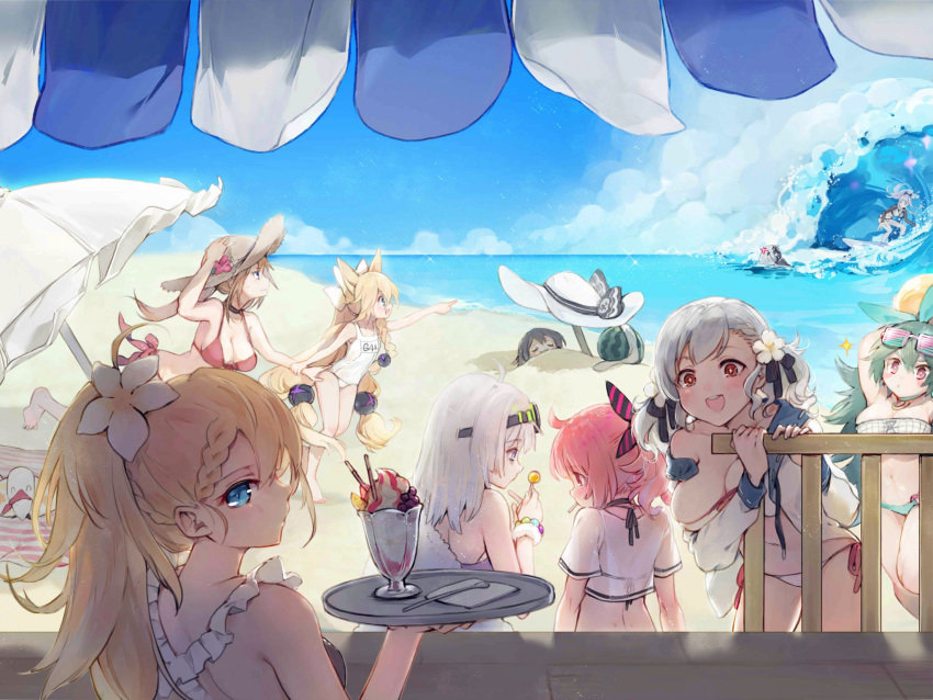 aa-12_(girls_frontline) ahoge ak-12_(girls_frontline) alternate_costume alternate_hairstyle an-94_(girls_frontline) anger_vein animal_ears bags_under_eyes bangs beach beach_umbrella bikini blonde_hair blue_eyes blue_sky blush bow braid breasts brown_hair candy cetme_ameli_(girls_frontline) choker cleavage closed_mouth cloud collarbone day diving_suit eyebrows_visible_through_hair fal_(girls_frontline) ferret flower food fruit g36_(girls_frontline) g41_(girls_frontline) girls_frontline green_hair hair_between_eyes hair_bow hair_flower hair_ornament hair_ribbon hairband hairclip hat hat_ribbon highres ice_cream large_breasts lollipop long_hair looking_at_viewer low_twintails maid_bikini medium_breasts mp7_(girls_frontline) multiple_girls navel non-web_source ocean official_art one-piece_swimsuit open_clothes open_mouth outdoors p38_(girls_frontline) parted_lips pink_hair ponytail red_eyes ribbon school_swimsuit shuzi side_braid sidelocks silver_hair skindentation sky small_breasts smile spas-12_(girls_frontline) spoon star star-shaped_pupils sun_hat sundae surfboard surfing sweatdrop swimsuit symbol-shaped_pupils twintails umbrella upper_teeth very_long_hair watermelon waves white_hat white_swimsuit yellow_eyes