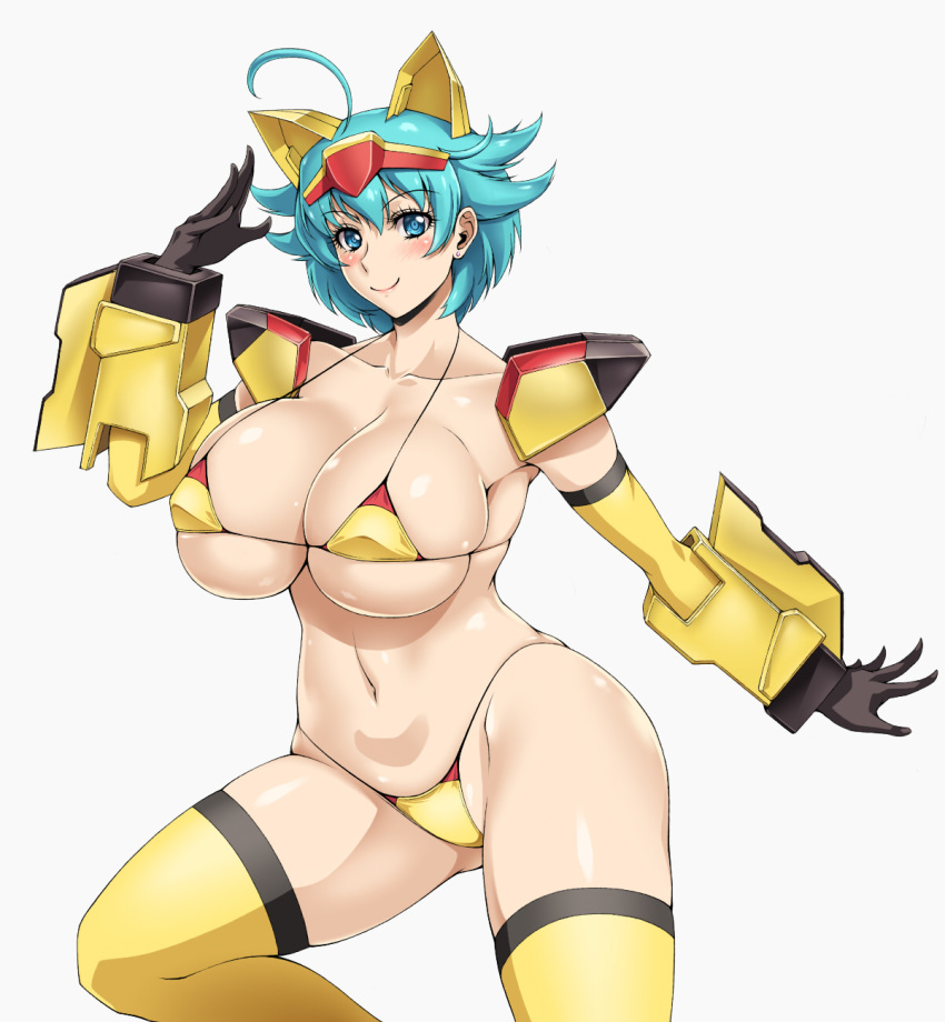 ahoge ameoto bikini blue_eyes blue_hair blush breasts cleavage commentary_request covered_nipples elbow_gloves gloves gundam gundam_build_divers headpiece highres large_breasts looking_at_viewer micro_bikini nami_(gundam_build_divers) nanase_nanami_(gundam_build_divers) salute shiny shiny_hair shiny_skin short_hair skindentation smile solo swimsuit thighhighs yellow_bikini yellow_legwear