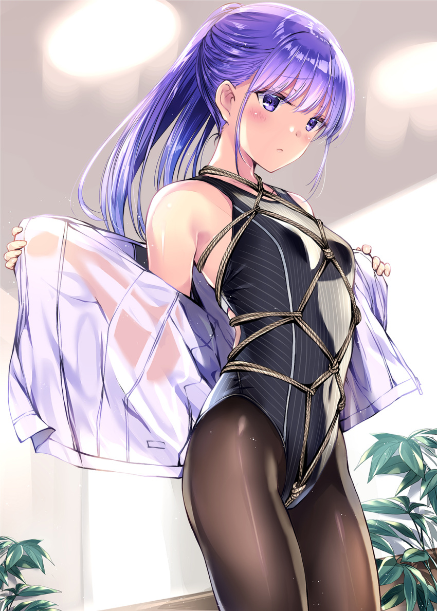 bangs bare_shoulders bdsm black_legwear blush bondage bound breasts commentary_request competition_swimsuit covered_navel cowboy_shot day dutch_angle eyebrows_visible_through_hair highleg highleg_swimsuit highres indoors kobayashi_chisato long_hair long_sleeves one-piece_swimsuit original pantyhose pantyhose_under_swimsuit pinstripe_pattern ponytail purple_eyes purple_hair rope see-through shibari shibari_over_clothes shiny shiny_hair shirt skin_tight sky small_breasts solo straight_hair striped striped_swimsuit swimsuit undressing white_shirt