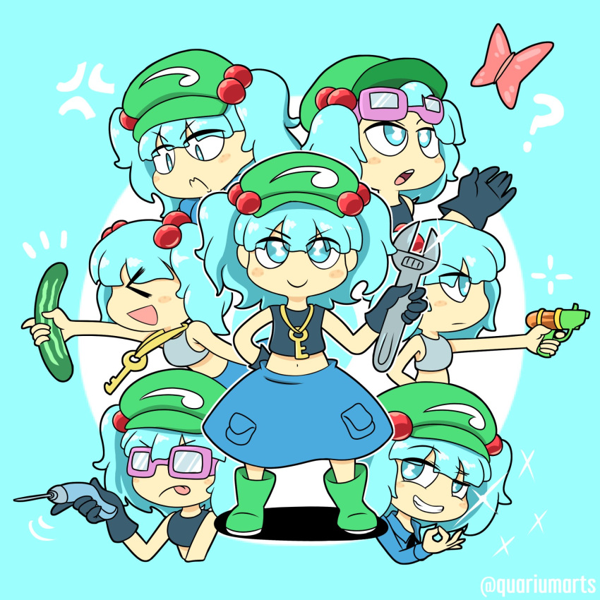 &gt;_&lt; :d ? anger_vein aqua_background aqua_eyes aqua_hair bangs black_gloves black_shirt blue_shirt blue_skirt blunt_bangs blush_stickers boots bug butterfly chibi collared_shirt commentary crop_top cucumber english_commentary eyebrows_visible_through_hair frown gloves goggles goggles_on_head green_footwear green_hat grey_shirt grin hair_bobbles hair_ornament hair_over_eyes hat highres insect kawashiro_nitori key key_necklace looking_at_viewer midriff money_gesture multiple_views navel open_mouth pocket power_drill quariumarts shirt skirt smile smirk sparkle tank_top tongue tongue_out toon touhou twintails twitter_username water_gun wrench