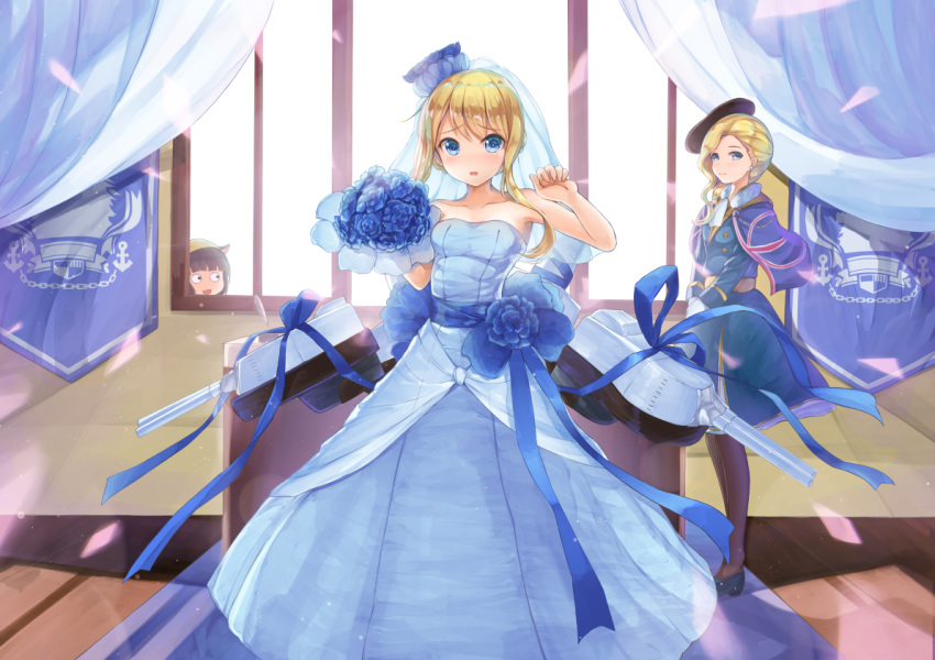 alternate_costume azur_lane bangs bare_arms bare_shoulders beret black_footwear black_hat blonde_hair blue_bow blue_capelet blue_coat blue_dress blue_eyes blue_flower blue_ribbon blue_rose blush bouquet bow bridal_veil brown_hair brown_legwear cannon capelet commentary_request day dress earrings eyebrows_visible_through_hair flower gloves hair_between_eyes hair_flower hair_ornament hands_up hat holding holding_bouquet hood_(azur_lane) jewelry long_hair long_sleeves looking_at_viewer multiple_girls mutsuki_(azur_lane) mutsuki_face pantyhose parted_lips petals renown_(azur_lane) ribbon rose sagaradai school_hat see-through shoes standing strapless strapless_dress sunlight turret veil wedding_dress white_gloves window yellow_hat