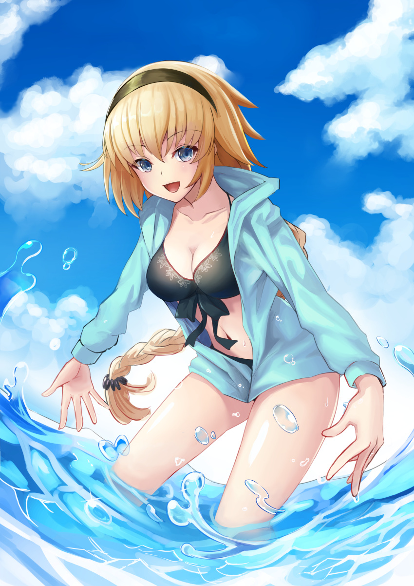:d absurdres bangs bikini black_bikini black_hairband black_ribbon blonde_hair blue_eyes blue_jacket blue_sky blunt_bangs braid breasts cleavage collarbone day eyebrows_visible_through_hair fate/grand_order fate_(series) hair_between_eyes hair_ornament hairband highres jacket jeanne_d'arc_(fate)_(all) jeanne_d'arc_(swimsuit_archer) leaning_forward long_hair looking_at_viewer navel open_clothes open_jacket open_mouth outdoors outstretched_arms ribbon shinori_(efvbji6264) single_braid sky smile solo swimsuit very_long_hair wading water