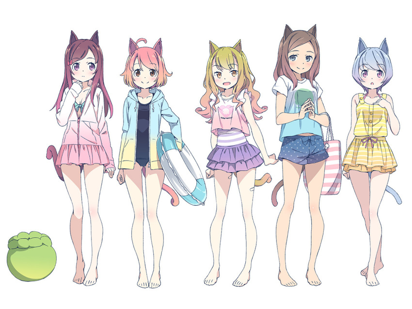 ahoge animal_ears bag bangs bare_legs barefoot bikini bikini_under_clothes blue_eyes blue_hair bow breasts brown_eyes brown_hair cat_ears commentary_request frilled_skirt frills full_body gradient_hair hair_bow hand_on_own_chest handbag hood hooded_jacket innertube jacket kanzaki_hiro long_hair multicolored_hair multiple_girls original purple_eyes school_swimsuit short_hair shorts simple_background skirt small_breasts swept_bangs swimsuit white_background