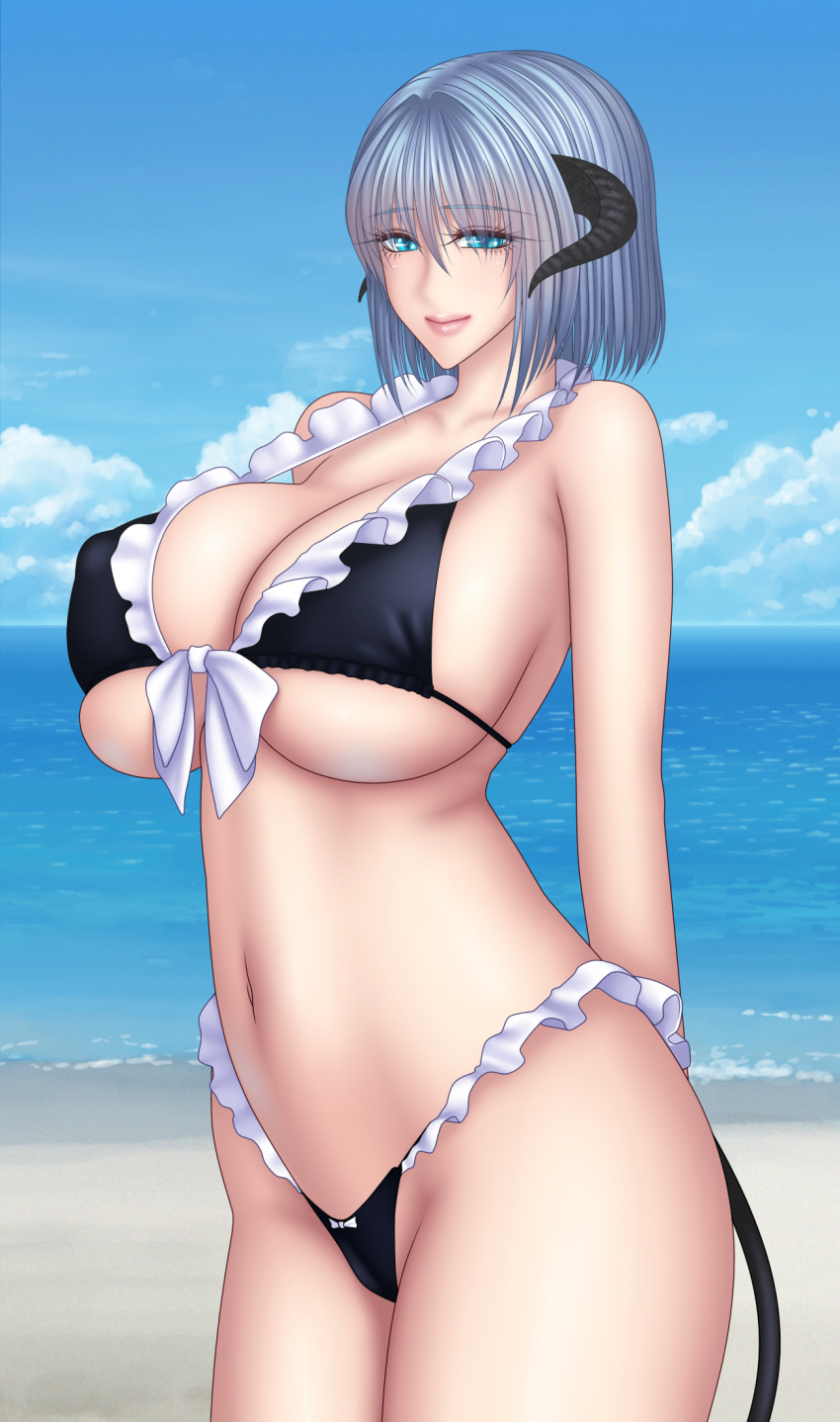 1girl baru_(val-val) bikini blue_eyes blue_hair breasts censored choker cyan_(baru) demon_girl demon_tail highres horns image_sample large_breasts looking_at_viewer matching_hair/eyes monster_girl peliazulyp pixiv_sample resized short_hair simple_background solo succubus swimsuit tail thighhighs