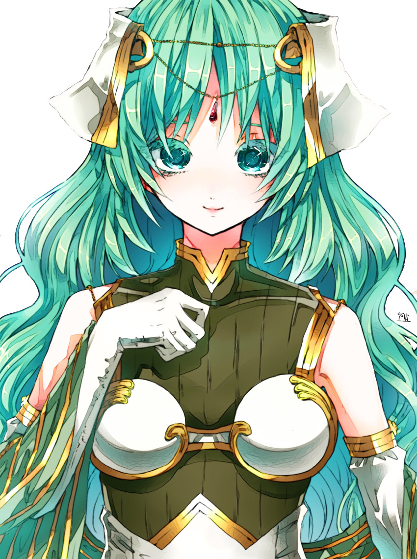 artist_name bare_shoulders breastplate breasts colored_eyelashes commentary_request covered_collarbone fire_emblem fire_emblem_echoes:_mou_hitori_no_eiyuuou forehead_jewel gloves gold_trim green_eyes green_hair hair_ornament hanabata0320 hand_up head_chain highres long_hair looking_at_viewer medium_breasts simple_background solo teeta_(fire_emblem) upper_body white_background