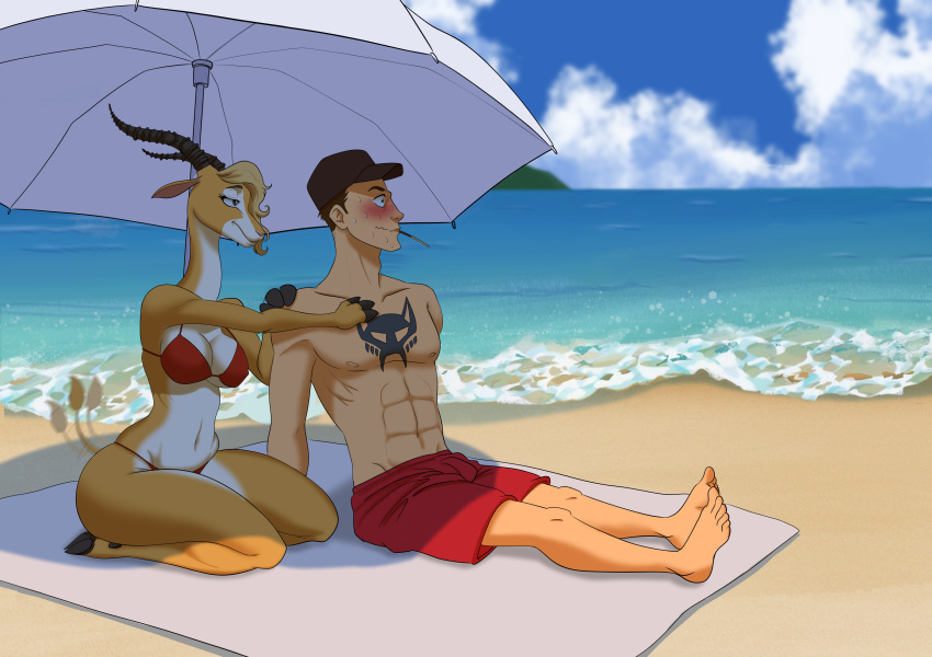 2018 absurd_res antelope anthro baseball_cap beach beach_umbrella big_breasts bikini blonde_hair blush breasts clothed clothing cloud crossover detailed_background disney duo female gazelle gazelle_(zootopia) hair half-closed_eyes hat hi_res horn human interspecies male male/female mammal navel outside scout_(team_fortress_2) seaside short_hair shorts sitting sky sweat swimsuit tattoo team_fortress_2 towel valve video_games water zanzagen zootopia