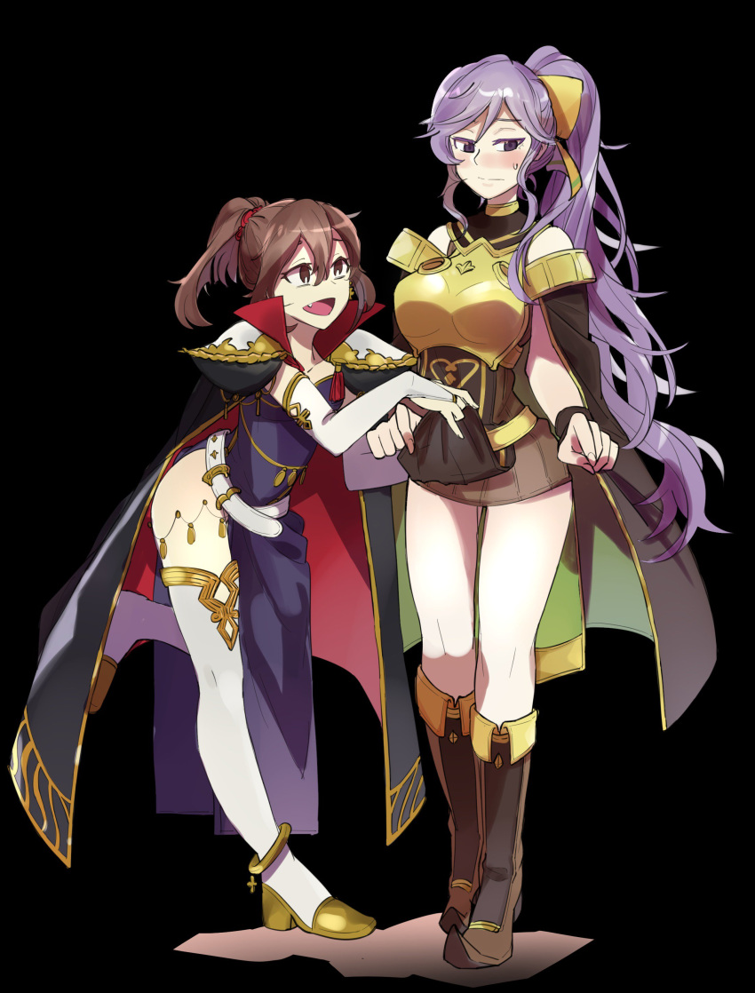 absurdres anklet blush boots bow breastplate bridal_gauntlets brown_eyes brown_hair cape closed_mouth commentary cosplay costume_switch dress dyute_(fire_emblem) dyute_(fire_emblem)_(cosplay) ebinku elbow_gloves fang fire_emblem fire_emblem:_seisen_no_keifu fire_emblem_echoes:_mou_hitori_no_eiyuuou fire_emblem_heroes gloves hair_bow high_heel_boots high_heels highres ishtar_(fire_emblem) ishtar_(fire_emblem)_(cosplay) jewelry lavender_hair long_hair multiple_girls open_mouth ponytail purple_eyes shoulder_pads side_slit standing standing_on_one_leg white_gloves yellow_bow