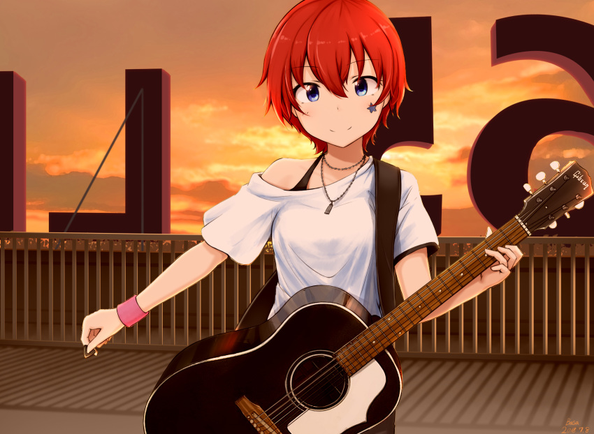 acoustic_guitar backlighting bangs bare_shoulders basa_rutan blue_eyes closed_mouth cloud dated eyebrows_visible_through_hair facial_mark gibson guitar hair_between_eyes head_tilt highres holding holding_instrument idolmaster idolmaster_million_live! instrument julia_(idolmaster) looking_at_viewer off_shoulder outdoors plectrum product_placement railing red_hair rooftop shirt short_hair short_sleeves signature sky smile solo standing star sunset white_shirt