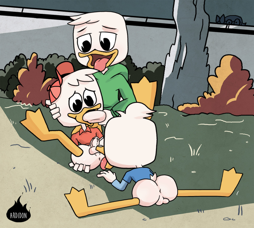 anthro anus ardidon avian balls big_butt bird bottomless brothers butt clothed clothing dewey_duck disney duck ducktales ducktales_(2017) fellatio group group_sex hat huey_duck incest louie_duck male male/male oral penis sex sibling threesome young