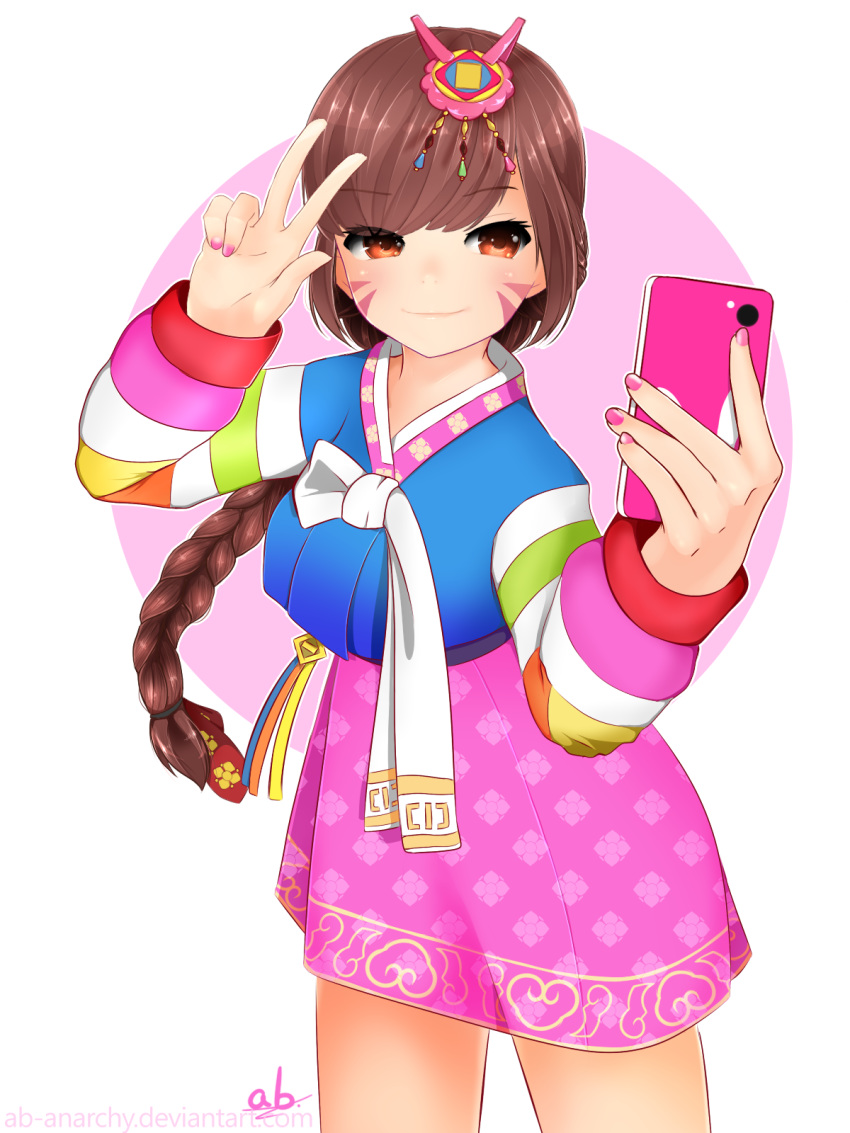 ab-anarchy asian braid brown_eyes brown_hair cellphone closed_mouth commentary d.va_(overwatch) hair_ornament hands_up highres holding holding_cellphone holding_phone korean_clothes long_hair long_sleeves looking_at_phone nail_polish overwatch palanquin_d.va phone pink_nails self_shot signature single_braid smartphone smartphone_case smile solo traditional_clothes unmoving_pattern w whisker_markings white_background