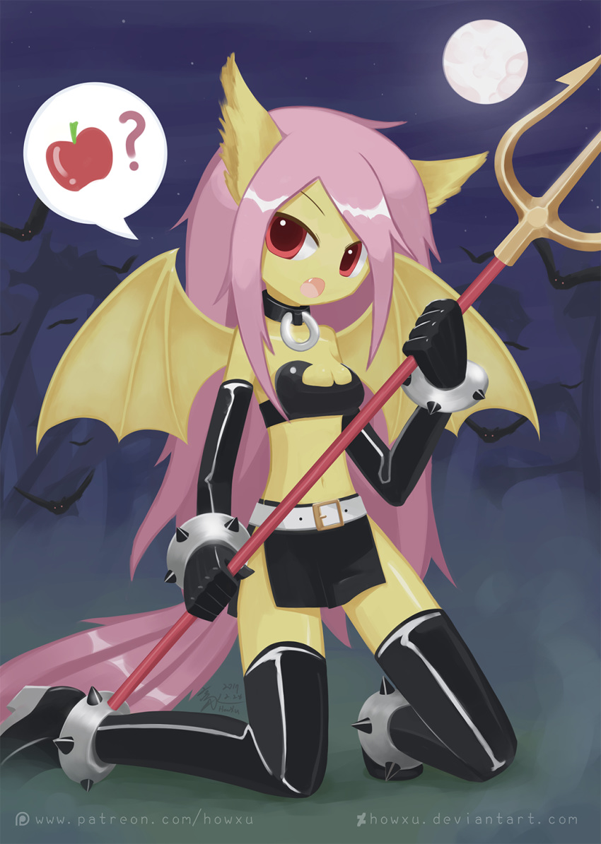 2017 5_fingers ? alternate_species anthro apple armwear bat bat_pony bat_wings boots breasts cleavage clothed clothing collar cosplay cute cute_fangs disgaea elbow_gloves equine eyebrows eyelashes fangs female flutterbat_(mlp) fluttershy_(mlp) food footwear friendship_is_magic fruit fully_clothed gloves hair hi_res holding_object holding_weapon howxu inner_ear_fluff kneeling legwear long_hair looking_at_viewer mammal melee_weapon membranous_wings midriff miniskirt moon my_little_pony navel night open_mouth open_smile outside patreon pink_hair polearm portrait red_eyes rubber signature skirt sky smile solo spread_wings star starry_sky text thigh_highs tongue trident url video_games weapon wings