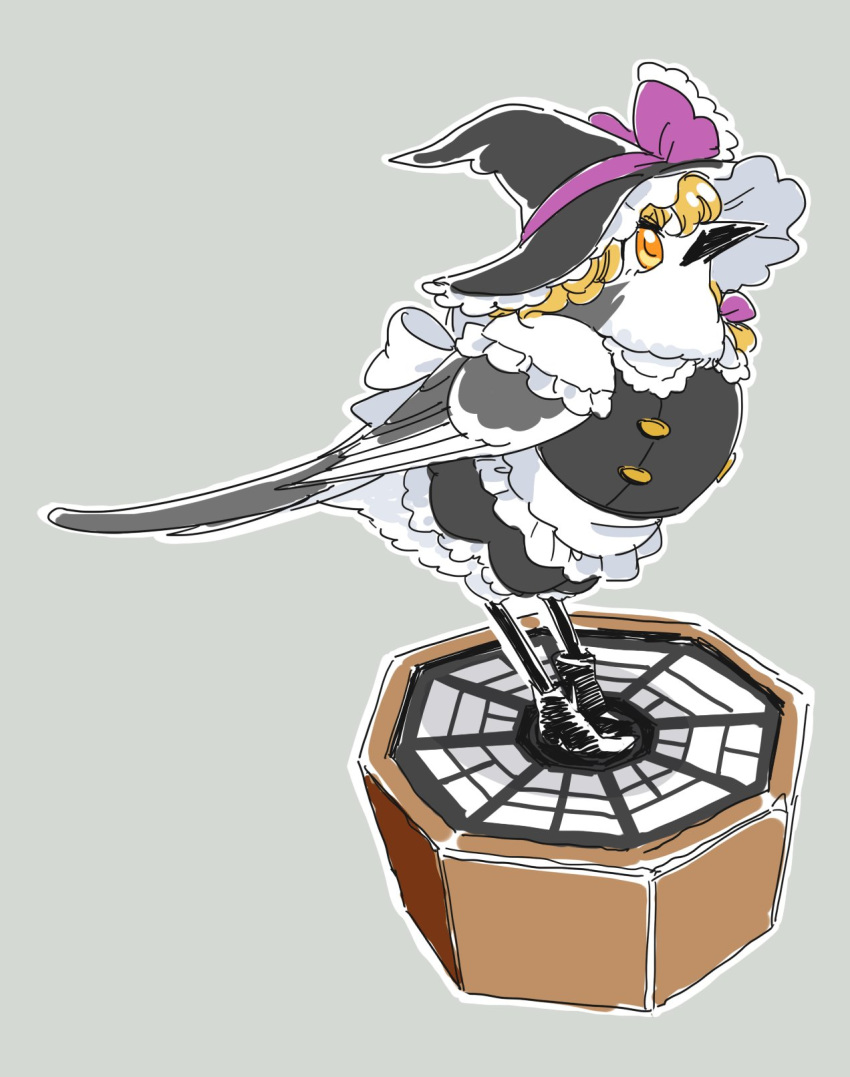 animal_focus animalization apron bird black_hat black_skirt black_vest blonde_hair bow clothed_animal commentary_request from_side grey_background hair_bow hat hat_bow highres kirisame_marisa magpie mini-hakkero mitsumoto_jouji no_humans orange_eyes purple_bow simple_background skirt solo touhou vest waist_apron white_apron witch_hat