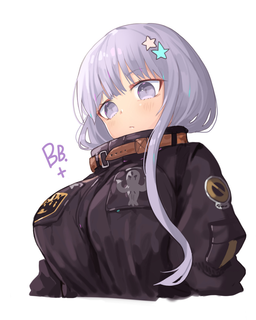 abigail_williams_(fate/grand_order) abigail_williams_(fate/grand_order)_(cosplay) absurdres bangs bb_(fate)_(all) bb_(fate/extra_ccc) black_jacket blush breasts character_name closed_mouth commentary cosplay eyebrows_visible_through_hair fate/extra fate/extra_ccc fate/grand_order fate_(series) hair_between_eyes hair_ornament head_tilt heroic_spirit_traveling_outfit highres huyou_(awegk) jacket large_breasts long_hair purple_eyes purple_hair simple_background solo star star_hair_ornament white_background