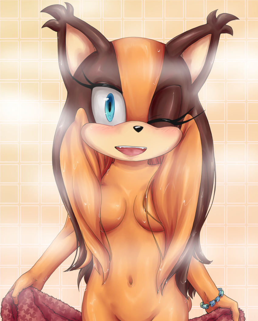 ;d amortem-kun anthro badger blue_eyes blush bracelet breasts brown_hair censored convenient_censorship ear_tuft eyelashes female fog hair hair_covering_breasts half-length_portrait jewelry mammal multicolored_hair mustelid navel nude one_eye_closed orange_hair portrait smile solo sonic_(series) sonic_boom sticks_the_jungle_badger towel tuft two_tone_hair wet wet_hair wink