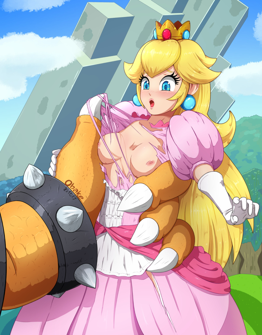 1girl :o artist_name assisted_exposure blonde_hair blue_eyes blue_sky blush bowser breasts claws cloud commentary crown day dress earrings gloves grabbing hands highres imminent_rape jewelry lips mario_(series) medium_breasts mini_crown monster nipples no_bra obakeart open_mouth pink_dress princess princess_peach puffy_short_sleeves puffy_sleeves short_sleeves size_difference sky spikes super_mario_bros. super_smash_bros. tearing_clothes torn_clothes torn_dress white_gloves