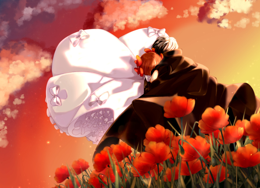 1girl black_hair black_jack_(character) black_jack_(series) black_jacket bow brown_hair child cloud dress field flower flower_field hair_bow highres hug jacket outdoors pinoko red_bow red_flower red_sky ribbon short_hair short_sleeves sky twilight white_bow white_dress zunda_haruya