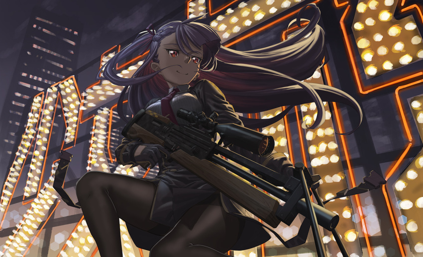 bangs bipod black_legwear black_skirt blazer blush breasts building bullpup city_lights closed_mouth commentary eyebrows_visible_through_hair floating_hair framed_breasts girls_frontline gloves gun hair_ribbon half_updo high-waist_skirt hironii_(hirofactory) holding holding_gun holding_weapon jacket large_breasts long_hair long_sleeves looking_away necktie night one_knee one_side_up outdoors pantyhose pelvic_curtain purple_hair red_eyes red_neckwear ribbon rifle rooftop scope shirt sign skirt smile sniper_rifle solo strap striped striped_shirt very_long_hair wa2000_(girls_frontline) walther walther_wa_2000 weapon white_shirt wind