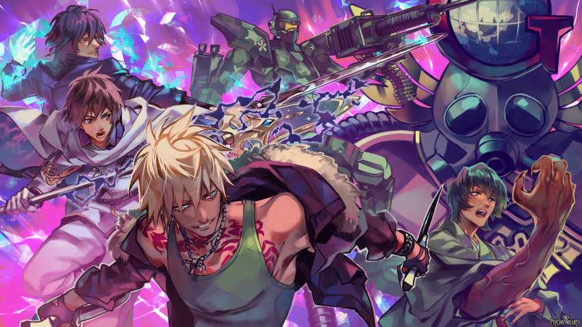 :o black_hair blonde_hair blue_eyes blue_jacket brown_hair bullet cape claws commentary_request copyright_name dual_wielding fighting_stance grin highres holding holding_spear holding_sword holding_weapon jacket jewelry knife male_focus mecha multiple_boys necklace official_art otani_(gloria) polearm psychic_hearts purple_background shouting smile spear sword tattoo veins weapon white_cape