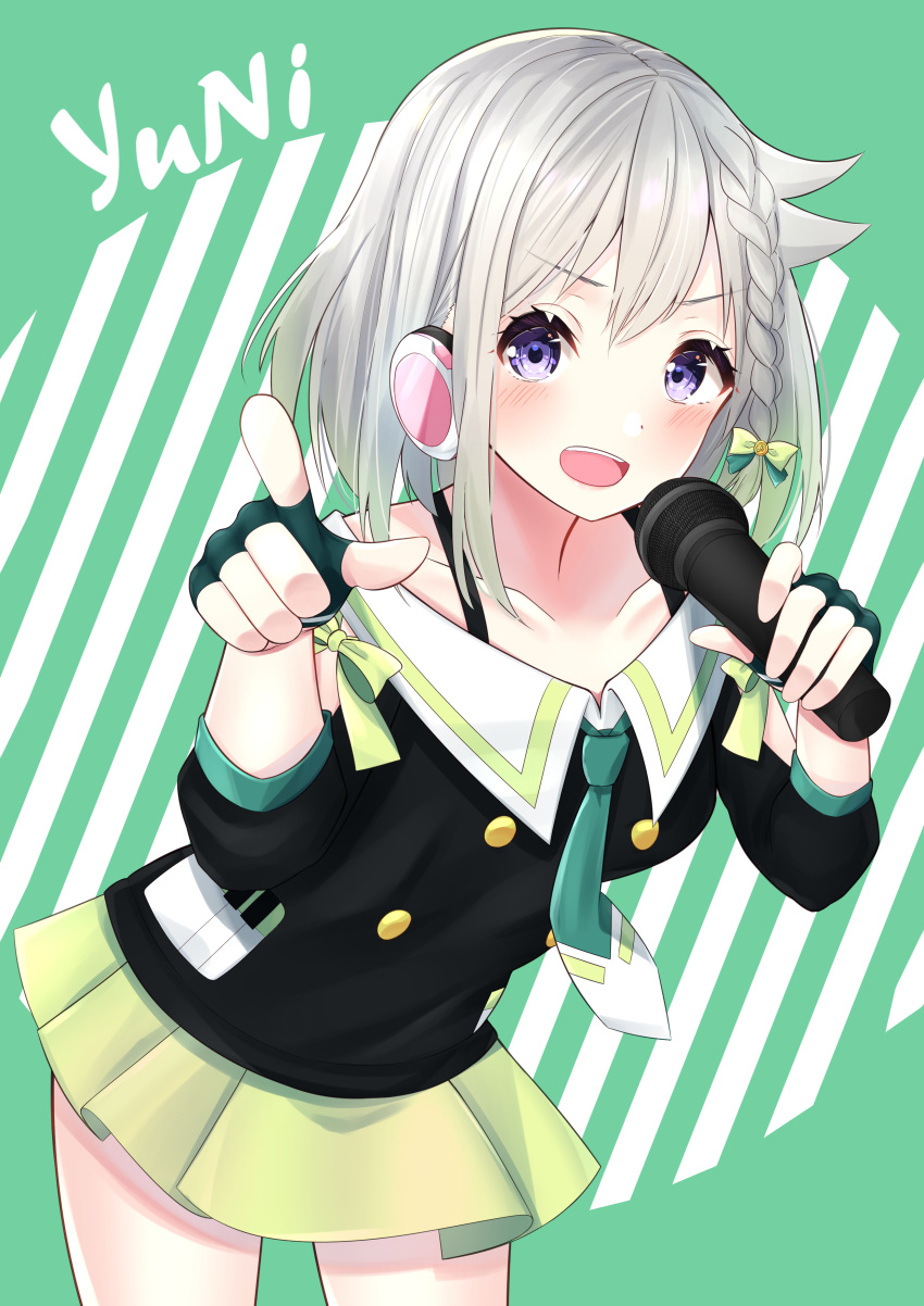 1girl :d absurdres bangs black_shirt blue_eyes blush bow bra_strap braid buttons character_name collarbone commentary_request cowboy_shot eyebrows_visible_through_hair eyelashes fingerless_gloves gloves green_background green_bow green_gloves green_neckwear green_skirt hair_bow hands_up headphones highres holding holding_microphone leaning_forward legs_apart long_sleeves looking_at_viewer microphone miniskirt nari_(narikashi) necktie open_mouth pleated_skirt pointing pointing_at_viewer shirt short_hair silver_hair skirt smile solo standing striped striped_background tareme upper_teeth v-shaped_eyebrows virtual_youtuber wing_collar yuni_(yuni_channel) yuni_channel