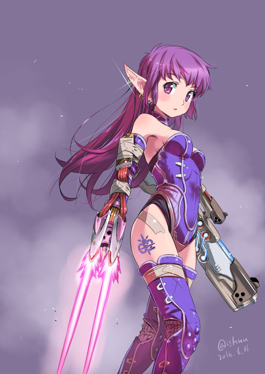 blush claws cropped_legs cyborg dated earrings highres isedaichi_ken jewelry leotard long_hair looking_at_viewer nei phantasy_star phantasy_star_ii pointy_ears purple purple_background purple_eyes purple_hair purple_legwear purple_leotard signature solo standing tattoo thighhighs