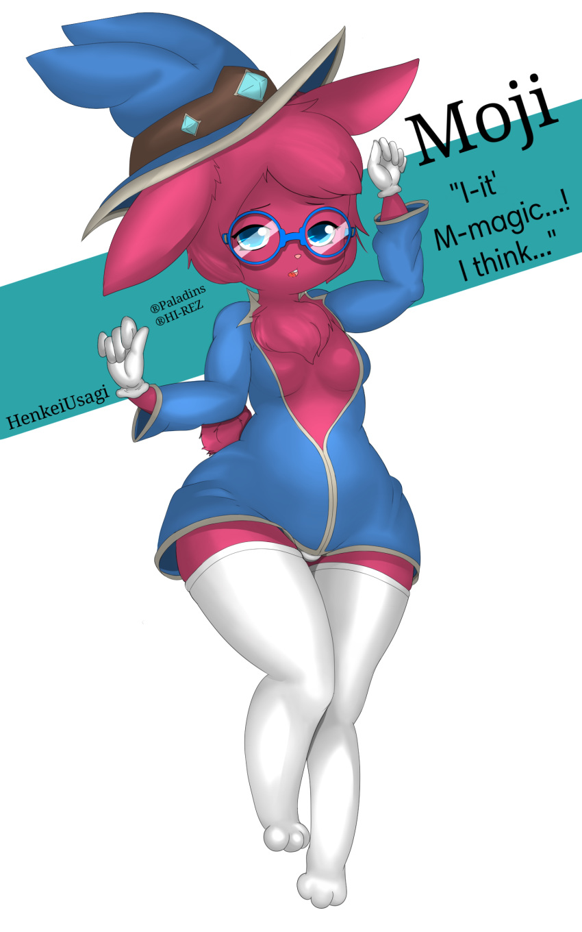 anthro breasts clothing digital_media_(artwork) eyewear female fur glasses gloves hair hat henkeiusagi hi_res lagomorph legwear long_ears mammal moji_(paladins) open_mouth paladins panties rabbit simple_background socks underwear wizard_hat