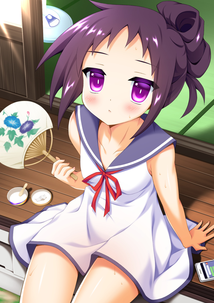 :&lt; arm_support bare_arms bare_shoulders blue_sailor_collar blush breasts brown_hair cellphone closed_mouth collarbone commentary_request dress fan fingernails hair_bun highres holding holding_fan ice_cream_spoon looking_at_viewer neck_ribbon original paper_fan phone purple_eyes red_ribbon ribbon sailor_collar sailor_dress side_bun sitting small_breasts smartphone solo spoon sweat taira_takehiro veranda white_dress zanshomimai