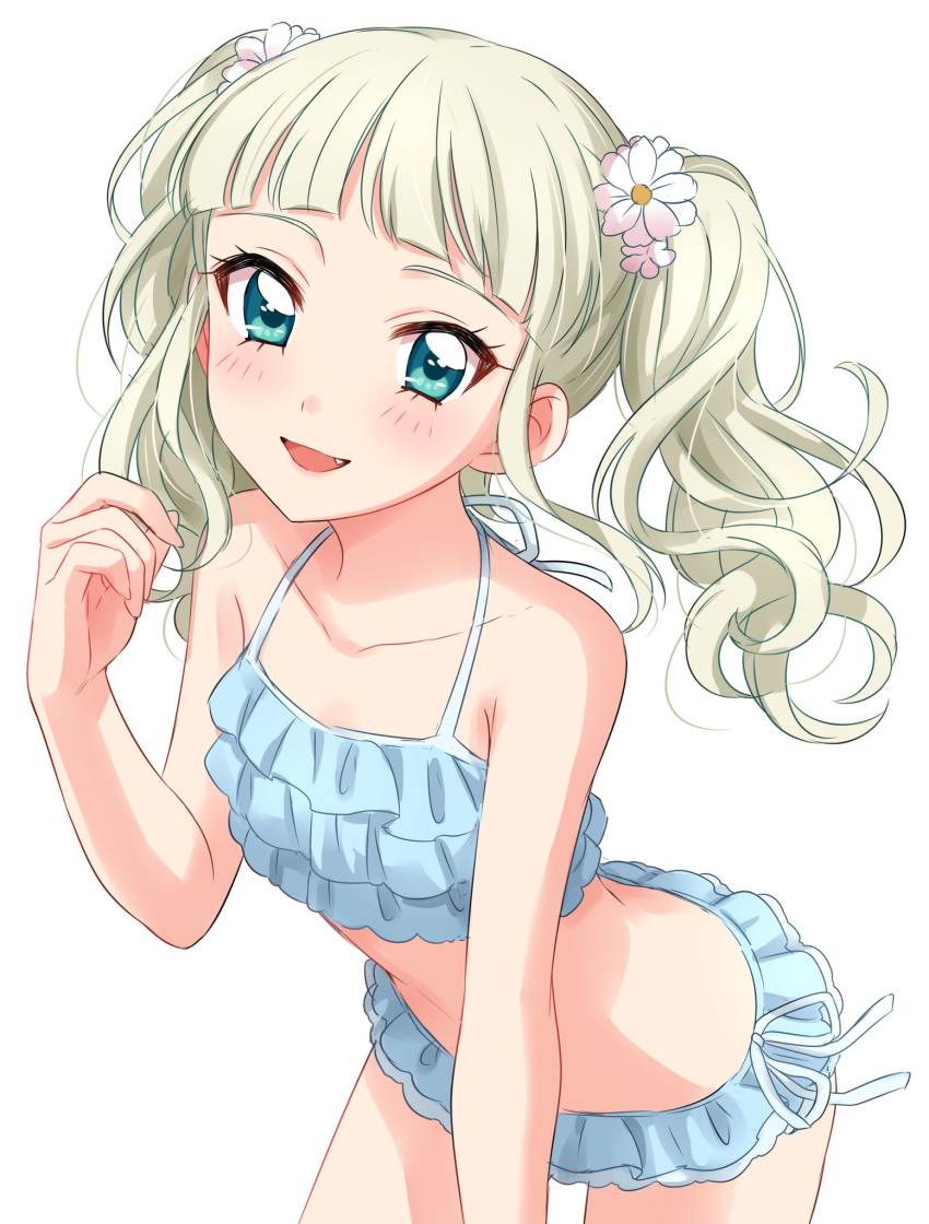 :d aikatsu! aikatsu!_(series) bangs bare_arms bare_shoulders bikini blonde_hair blue_bikini blue_eyes blunt_bangs blush commentary_request fang flower frilled_bikini frills hair_flower hair_ornament hand_up highres leaning_forward looking_at_viewer open_mouth sekina simple_background smile solo standing swimsuit toudou_yurika twintails white_background