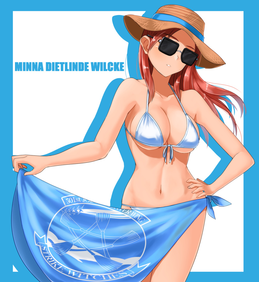 bikini blush breasts groin hat highres hiroshi_(hunter-of-kct) large_breasts long_hair minna-dietlinde_wilcke navel open_mouth red_eyes red_hair simple_background solo straw_hat strike_witches sunglasses swimsuit swimwear white_background white_bikini world_witches_series