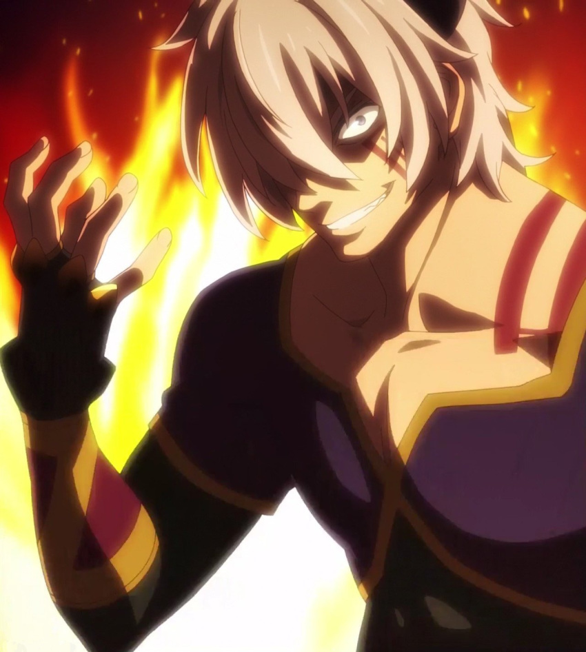 diablo_(isekai_maou_to_shoukan_shoujo_dorei_majutsu) fire hands highres isekai_maou_to_shoukan_shoujo_dorei_majutsu male_focus purple_eyes screencap solo stitched tattoo third-party_edit white_hair