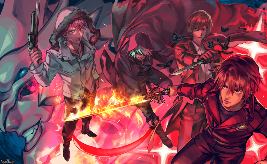 black_gloves boots brown_hair bug butterfly cape copyright_name flaming_sword gloves glowing glowing_eyes grin gun hair_over_eyes hand_on_hip highres holding holding_gun holding_knife holding_sword holding_weapon insect jacket jewelry knife looking_at_viewer male_focus multiple_boys necklace official_art otani_(gloria) psychic_hearts red_background red_eyes red_hood slashing smile standing sword weapon white_hair