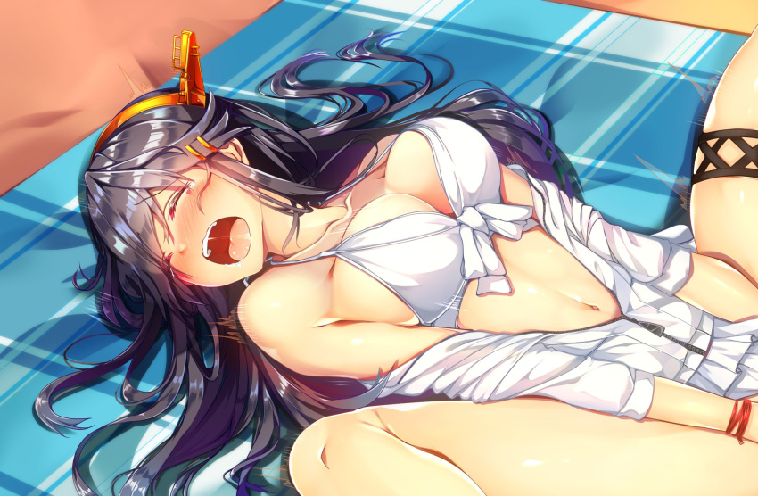 alternate_costume armpit_crease beach_mat bikini black_hair blush breasts cleavage closed_eyes clothed_sex collarbone day eyebrows_visible_through_hair eyes_visible_through_hair hair_ornament hairband hairclip haruna_(kantai_collection) headgear heart highres hood hoodie implied_sex kantai_collection large_breasts long_hair navel open_mouth outdoors partially_unzipped saliva saliva_trail shiny shiny_skin skindentation solo spread_legs stomach swimsuit tearing_up thigh_strap thighs tsukui_kachou white_bikini white_hoodie