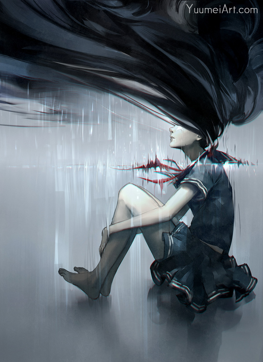 asphyxiation bare_arms barefoot black_hair black_shirt black_skirt commentary drowning english_commentary from_side highres long_hair neckerchief original painting parted_lips pleated_skirt profile red_neckwear school_uniform shirt short_sleeves sitting skirt solo very_long_hair watermark wenqing_yan