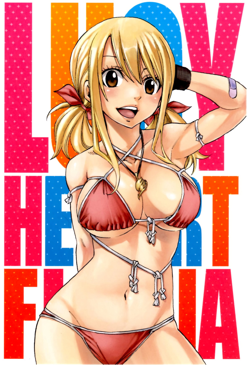 arm_behind_back arm_strap arm_up bandaid_on_arm bare_shoulders bikini blonde_hair breasts brown_eyes character_name cleavage contrapposto criss-cross_halter fairy_tail halter_top halterneck hand_behind_head highres jewelry large_breasts long_hair lucy_heartfilia mashima_hiro navel necklace non-web_source official_art open_mouth red_bikini solo swimsuit twintails upper_teeth wristband