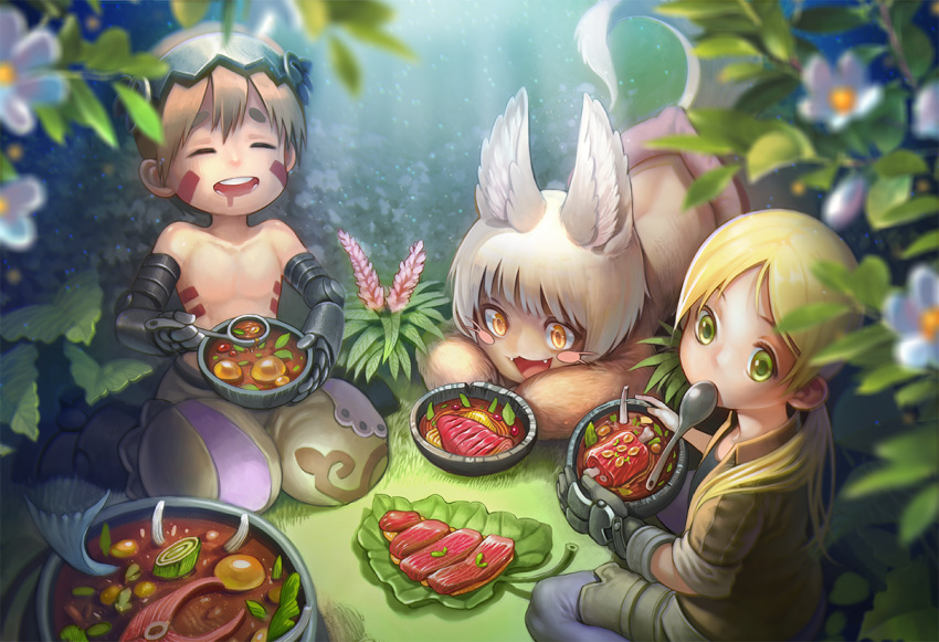 1girl 1other :3 animal_ears blonde_hair blush bowl brown_eyes brown_hair closed_eyes furry green_eyes holding holding_bowl isakhaya long_hair looking_away made_in_abyss multiple_girls nanachi_(made_in_abyss) open_mouth regu_(made_in_abyss) riko_(made_in_abyss) short_hair smile spoon twintails white_hair