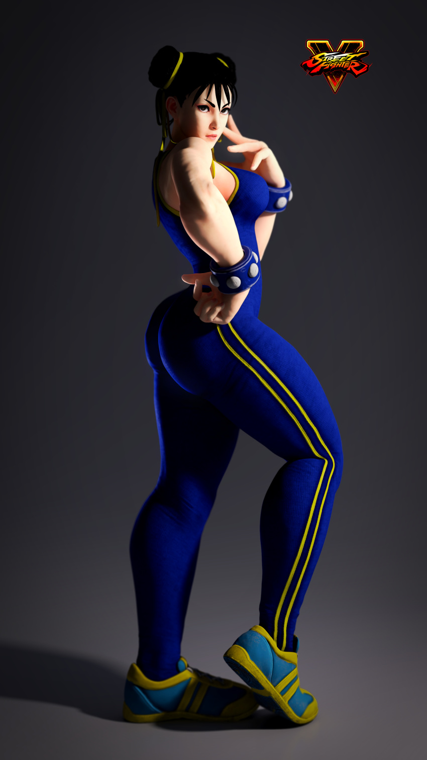 1girl ass bare_arms bare_shoulders bracelet brown_eyes brown_hair capcom chun-li curvy hairbun hips huge_ass jewelry legs shoes sneakers solo street_fighter thick_thighs thighs tied_hair unitard wide_hips